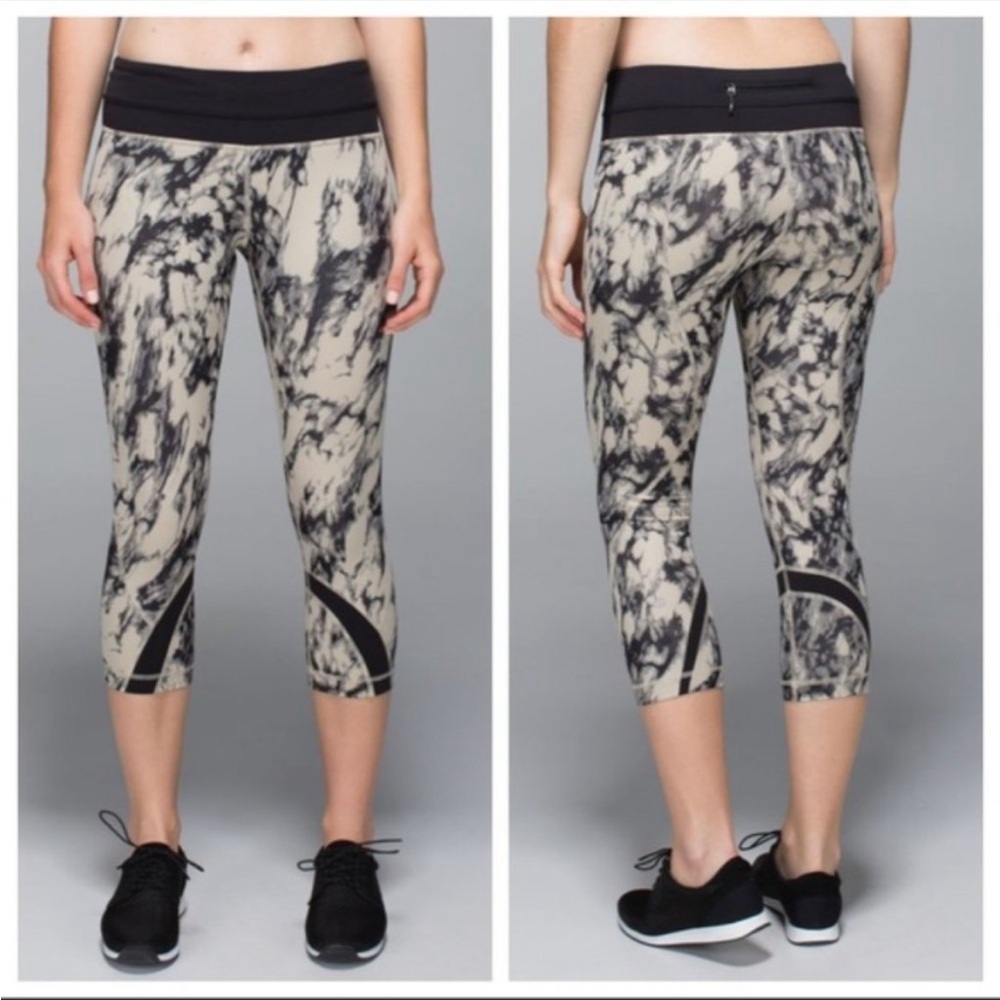 LULULEMON Black and Tan Marble Tie Dye Run Inspire Crop Legging Luxtreme